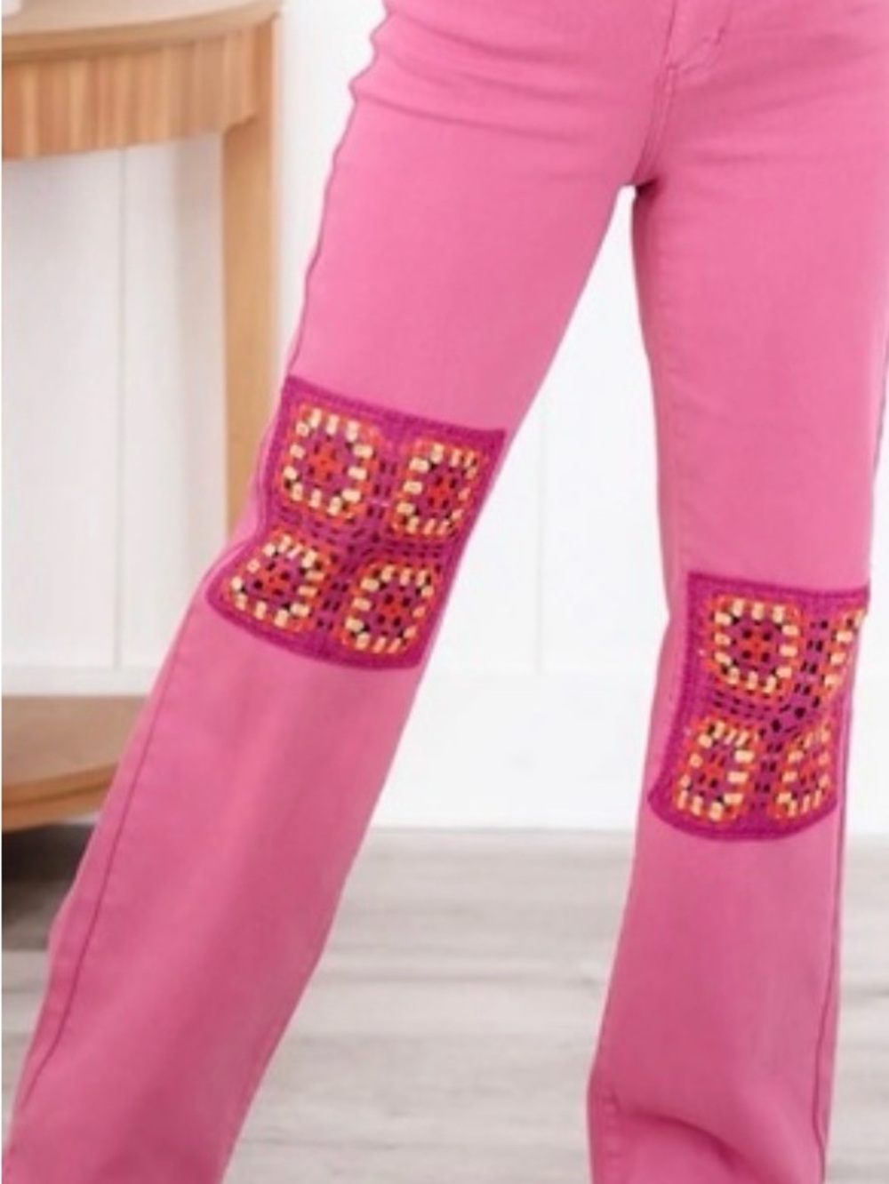 Judy Blue Pink Jeans with Crochet Patch Detail